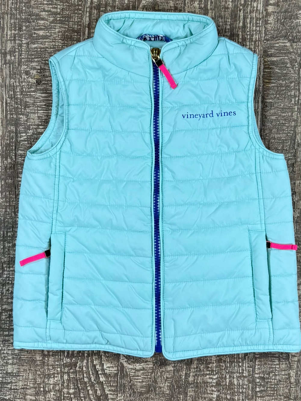 Vineyard Vines Aqua Quilted Kids Vest with Pink Trim 3T